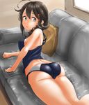  ass black_hair blue_eyes blue_tank_top braid breasts closed_mouth commentary_request couch hair_between_eyes hair_ornament highres indoors kantai_collection long_hair looking_at_viewer lying multicolored multicolored_clothes multicolored_panties no_bra on_stomach panties pillow remodel_(kantai_collection) shigure_(kantai_collection) sleeveless small_breasts solo tama_(seiga46239239) tank_top thighs underwear window 
