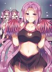  black_skirt blush breasts cheerleader cleavage cleavage_cutout closed_mouth commentary_request covering_mouth cowboy_shot embarrassed euryale eyebrows_visible_through_hair eyes_visible_through_hair facial_mark fate/grand_order fate_(series) forehead_mark hairband hand_over_own_mouth hands_up heart large_breasts laughing long_hair looking_at_viewer midriff multiple_girls navel pleated_skirt pom_poms purple_eyes purple_hair rider siblings sisters skirt standing stheno suzune_rena sweat twins twintails very_long_hair 
