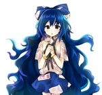  blue_eyes blue_hair blush bracelet cheunes doll hair_ribbon highres holding holding_doll jewelry long_hair looking_at_viewer open_mouth ribbon simple_background solo stuffed_animal stuffed_cat stuffed_toy talisman tears touhou very_long_hair white_background yorigami_shion 