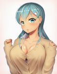  aqua_eyes aqua_hair blush breasts brown_jacket brown_sweater bursting_breasts buttons collarbone hair_between_eyes jacket kantai_collection large_breasts long_hair long_sleeves maku_ro open_mouth solo suzuya_(kantai_collection) sweater sweater_jacket 