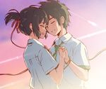  1girl 2d :d black_hair closed_eyes collared_shirt commentary_request couple face-to-face fingernails firing hair_ribbon hetero holding_hands interlocked_fingers kimi_no_na_wa miyamizu_mitsuha open_mouth outdoors pink_sky ponytail red_ribbon red_string ribbon shirt short_hair short_sleeves sky smile string tachibana_taki tears white_shirt wing_collar 