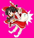  ascot blouse bobby_socks bow brown_hair byourou chopsticks commentary detached_sleeves food full_body hair_bow hair_tubes hakurei_reimu holding holding_chopsticks holding_food left-handed mochi mochi_(touhou) open_mouth red_eyes red_skirt skirt skirt_set socks touhou wagashi 