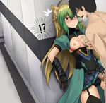  1boy 1girl against_wall ahoge animal_ears areolae atalanta_(fate) black_gloves black_hair black_legwear blonde_hair blush breasts command_spell dress_pull elbow_gloves faceless faceless_male fate/grand_order fate_(series) fujimaru_ritsuka_(male) garter_belt gloves green_eyes green_hair hair_between_eyes hetero highres md5_mismatch motion_lines nipple_tweak nipples penis penis_under_clothes saliva small_breasts stealth_sex sunnywang03 uncensored veins veiny_penis 