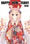  2018 abstract_background animal_ears azur_lane blonde_hair closed_mouth egasumi eyebrows_visible_through_hair eyelashes floral_print hair_between_eyes happy_new_year headgear highres japanese_clothes kimono long_hair long_sleeves looking_at_viewer neme1228 new_year own_hands_together purple_eyes red_kimono sash scarf shiny shiny_hair sidelocks smile solo sun upper_body warspite_(azur_lane) white_scarf wide_sleeves 