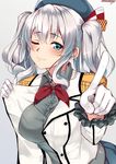  beret black_hat blue_eyes buttons commentary_request epaulettes gloves grey_shirt hat highres jacket kantai_collection kashima_(kantai_collection) kerchief long_hair long_sleeves one_eye_closed sazamiso_rx shirt silver_hair smile solo two_side_up white_gloves white_jacket 