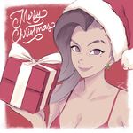  asymmetrical_hair box breasts christmas christmas_tree_earrings cleavage gift gift_box hat medium_breasts merry_christmas mole mole_under_eye no_pupils overwatch santa_hat smile solo sombra_(overwatch) umigraphics undercut upper_body 