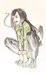 asui_tsuyu black_eyes black_hair bodysuit boku_no_hero_academia bug commentary eyebrows_visible_through_hair fly frog_girl full_body gloves gradient gradient_background hair_between_eyes hair_rings highres insect legs_apart long_hair long_tongue low-tied_long_hair open_mouth pink_background prehensile_tongue solo squatting tim_loechner tongue tongue_out very_long_tongue white_gloves 