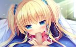  aqua_eyes bed blonde_hair blush boku_to_koi_suru_ponkotsu_akuma censored fellatio fujima_emiri game_cg long_hair sayori seifuku smile twintails 