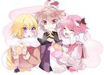  1girl 2boys ahoge astolfo_(fate) bangs black_gloves black_ribbon blonde_hair braid brown_hair brown_sweater eyebrows_visible_through_hair eyes_closed fang fate/apocrypha fate_(series) female food gloves hair_between_eyes hair_ornament hair_ribbon holding holding_food holding_object jeanne_d&#039;arc_(fate) lem96rem long_braid long_hair long_sleeves male male_focus multicolored_hair multiple_boys pink_gloves pink_hair pink_neckwear pink_scarf pink_sweater purple_eyes purple_sweater red_eyes ribbon scarf short_hair sieg_(fate/apocrypha) single_braid sweater tied_hair trap two-tone_hair very_long_hair 