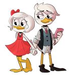  avian bird clothing disney doritofalls dress duck ducktales ducktales_(2017) female female/female footwear hand_holding lena_(ducktales) necktie phone shirt shoes webby_vanderquack 