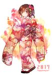 2017 bangs black_bow black_footwear blush bow braid brown_eyes brown_hair closed_mouth commentary_request eyebrows_visible_through_hair full_body furisode hair_between_eyes hair_bow happy_new_year ichihaya japanese_clothes kimono long_sleeves looking_at_viewer looking_back new_year original print_kimono purple_bow red_kimono smile socks solo standing tabi unmoving_pattern white_legwear wide_sleeves zouri 