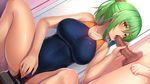  1girl blush breasts censored cleavage collarbone competition_swimsuit copyright_request dutch_angle fellatio green_hair hair_ornament hair_scrunchie handjob hatachi hetero large_breasts mosaic_censoring one-piece_swimsuit oral penis pink_scrunchie ponytail scrunchie short_hair squatting swimsuit wet yellow_eyes 