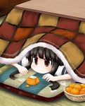  1girl basket black_hair blue_sailor_collar blunt_bangs brown_eyes commentary_request food fruit futon hatsuyuki_(kancolle) kantai_collection kotatsu long_hair lying mandarin_orange on_stomach ouno_(nounai_disintegration) playing_with_food sailor_collar school_uniform serafuku solo table tatami under_kotatsu under_table upper_body 