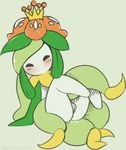  1girl arm_support blush crown eyes_closed female flower full_body green_background green_hair highres leaning_back legs_up lilligant long_hair mini_crown no_humans no_mouth plant_girl pokemon pokemon_(creature) pokemon_bw presenting pussy pussy_juice red_flower simple_background sitting solo uncensored vandalistpikachu 