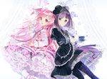  black_legwear blackberry_cookie commentary_request cookie_run gothic_lolita hat lolita_fashion macciatto_(aciel02) multicolored multicolored_clothes multiple_girls pantyhose personification petticoat pink_eyes pink_hair purple_eyes purple_hair simple_background sweet_lolita 
