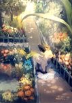  commentary_request fence flower from_side gen_4_pokemon leafeon light_rays manino_(mofuritaionaka) no_humans outdoors pokemon pokemon_(creature) scenery smelling_flower 