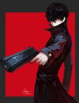  absurdres amamiya_ren card coat gun highres joker looking_at_viewer male_focus persona persona_5 playing_card simple_background solo weapon xq yellow_eyes 