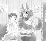  3girls :d absurdres alternate_costume alternate_hair_length alternate_hairstyle animal_ears anubis_(monster_girl_encyclopedia) bangs bike_shorts blush bubble clapping closed_eyes closed_mouth collared_shirt commentary couch cup dress drunk embarrassed facing_viewer fang flying_sweatdrops fur greyscale hands_clasped highres indoors interlocked_fingers jewelry karaoke latenight microphone monochrome monster_girl monster_girl_encyclopedia multiple_girls music necklace nose_blush open_mouth own_hands_together pants paws peeking peeking_out portrait_(object) ratatoskr_(monster_girl_encyclopedia) red_oni_(monster_girl_encyclopedia) shirt short_dress short_hair sign singing sitting sketch sleeves_rolled_up smile sparkle standing sweatdrop table tail thighhighs wing_collar wolf_ears wolf_tail 