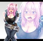  bent_over blush breasts cleavage commentary_request embarrassed fangs gloves hair_ornament junrei_(nyorori) large_breasts long_hair nyorori_(tatsutaage) one_side_up open_mouth original pink_hair purple_eyes ribbon single_glove solo thighs wavy_mouth 