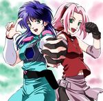  :d akai_koudan_zillion apple_(zillion) black_gloves blue_bodysuit blue_hair bodysuit clenched_hand commentary cowboy_shot crossover gloves green_eyes hairband haruno_sakura holding_hands long_hair looking_at_viewer multicolored multicolored_background multiple_girls naruto naruto_(series) nekomaru open_mouth pink_hair red_shirt shirt short_hair shorts sleeveless sleeveless_shirt smile 