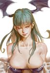  bangs bare_shoulders breasts closed_mouth commentary demon_girl fur_trim green_hair head_wings heart heart-shaped_pupils large_breasts lips long_hair looking_at_viewer morrigan_aensland no_bra pink_lips red_eyes revealing_clothes seductive_smile simple_background smile solo succubus symbol-shaped_pupils tim_loechner upper_body vampire_(game) white_background 