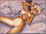  &lt;3 2017 anthro bell breasts brown_eyes cervine chest_tuft christmas collar crossgender f-r95 female hair hand_behind_head hand_on_chest harness hioshiru holidays lying mammal navel nipples nude on_back outside pussy red_nose reindeer rudolph_the_red_nosed_reindeer snow solo tree tuft white_hair 