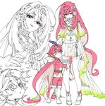  1girl blush brother_and_sister dress fish_girl full_body hair_ornament humanization jewelry long_hair looking_at_viewer mipha red_hair red_skin shorts shuri_(84k) siblings sidon smile the_legend_of_zelda the_legend_of_zelda:_breath_of_the_wild white_background yellow_eyes younger zora 