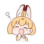  animal_ears bangs bare_shoulders batta_(ijigen_debris) blush_stickers bow bowtie bubble chibi closed_eyes commentary covering_mouth elbow_gloves extra_ears facing_viewer gloves hand_over_own_mouth hand_up kemono_friends orange_hair serval_(kemono_friends) serval_ears serval_print short_hair simple_background solo tears upper_body white_background yawning 