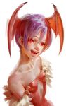  bare_shoulders breasts demon_girl fangs fur_trim hair_between_eyes head_wings heart heart-shaped_pupils leotard licking_lips lilith_aensland looking_at_viewer open_mouth purple_hair red_eyes red_leotard red_wings short_hair simple_background small_breasts solo succubus symbol-shaped_pupils tim_loechner tongue tongue_out upper_body vampire_(game) white_background wings 