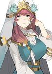  absurdres blue_eyes breasts brown_hair dress earrings expressionless fire_emblem fire_emblem_heroes fur_trim gradient gunnthra_(fire_emblem) highres jewelry large_breasts long_hair looking_at_viewer ormille pink_hair simple_background solo veil white_background 