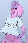  anthro arbuzbudesh blue_eyes bottomless clothed clothing divinity:_original_sin_2 english_text female frill lizard_(divinity) pink_skin pussy reptile scalie shirt simple_background solo t-shirt text tongue tongue_out video_games 