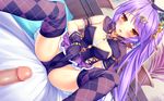  aoi_miyabi bed boku_to_koi_suru_ponkotsu_akuma breasts cape censored game_cg gloves long_hair masturbation panties penis ponytail pussy_juice sayori smile spread_legs thighhighs underwear wet yellow_eyes 