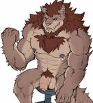  2018 anthro balls canine darkenstardragon digital_media_(artwork) feline fur hair hybrid lion looking_at_viewer male mammal muscular nipple_piercing nipples nude penis piercing pubes simple_background smile solo were werewolf 