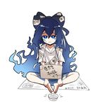  absurdres antinomy_of_common_flowers barefoot begging blue_eyes blue_hair commentary_request cup frown hair_ribbon hh highres korean long_hair looking_at_viewer newspaper poverty ribbon seiza sitting solo talisman tears touhou translation_request very_long_hair yorigami_shion 