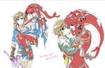  1girl age_progression blonde_hair blue_eyes blush breasts carrying closed_eyes fins fish_girl hair_ornament jewelry link long_hair looking_at_viewer mipha monster_girl multicolored multicolored_skin no_eyebrows pointy_ears princess_carry red_hair red_skin shuri_(84k) small_breasts smile the_legend_of_zelda the_legend_of_zelda:_breath_of_the_wild translation_request yellow_eyes younger zora 