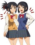  black_hair brown_eyes commentary_request dual_persona hair_ribbon hand_on_another's_shoulder hand_on_own_chest kimi_no_na_wa long_sleeves looking_at_viewer miniskirt miyamizu_mitsuha multiple_girls onomekaman open_mouth red_ribbon ribbon school_uniform short_hair skirt smile sweater_vest 