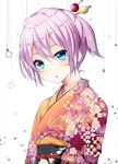  alternate_costume blue_eyes floral_print hair_between_eyes hair_ornament hair_stick hikobae japanese_clothes kantai_collection kimono long_sleeves obi open_mouth pink_hair ponytail print_kimono sash shiranui_(kantai_collection) short_hair solo upper_body yukata 