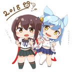  2girls ame. animal_ears asymmetrical_legwear azur_lane black_hair black_legwear black_sailor_collar black_skirt blue_hair blue_skirt blush_stickers brown_eyes chibi crossover curled_fingers detached_sleeves fox_ears fox_tail fubuki_(azur_lane) fubuki_(kantai_collection) kantai_collection looking_at_viewer low_ponytail midriff multiple_girls namesake navel no_nose open_mouth pleated_skirt ponytail remodel_(kantai_collection) sailor_collar scarf school_uniform serafuku short_hair short_ponytail sidelocks single_thighhigh skirt smile standing tail thighhighs white_legwear white_scarf yellow_eyes 