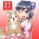  2018 :d asashio_(kantai_collection) bangs blue_eyes bow chinese_zodiac commentary dog eyebrows_visible_through_hair fingernails floral_print gradient gradient_background hair_bow happy_new_year japanese_clothes kantai_collection kimono long_sleeves new_year obi one_eye_closed open_mouth red_background sash smile solo soubi translated wide_sleeves year_of_the_dog 