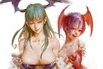  bangs bare_shoulders breasts closed_mouth commentary demon_girl fangs fur_trim green_hair hair_between_eyes head_wings heart heart-shaped_pupils large_breasts leotard licking_lips lilith_aensland lips long_hair looking_at_viewer morrigan_aensland multiple_girls no_bra open_mouth pink_lips purple_hair red_eyes red_leotard revealing_clothes seductive_smile short_hair simple_background small_breasts smile succubus symbol-shaped_pupils tim_loechner tongue tongue_out vampire_(game) white_background 