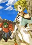  1girl armor axe blonde_hair day dozla dress fire_emblem fire_emblem:_seima_no_kouseki green_eyes green_hair highres holding holding_axe holding_weapon l'arachel looking_at_viewer md5_mismatch outdoors pauldrons shino_(2919) smile staff weapon yellow_eyes 