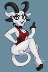  2018 anthro baphomet blue_background breasts caprine cleavage cleavage_cutout clothed clothing collar demon female goat hooves horn kittentoots looking_at_viewer lucy_(hladilnik) mammal medium_breasts middle_finger navel one-piece_swimsuit pentagram pinup pose red_eyes simple_background solo spade_tail swimsuit toony 