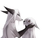  2018 5_fingers amber_eyes anthro black_nose canine digital_drawing_(artwork) digital_media_(artwork) duo female hair mammal pale_eyes simple_background taykoe white_background white_hair 