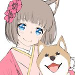  animal_ears bangs blue_eyes brown_hair chinese_zodiac closed_mouth commentary_request dog dog_ears eyebrows_visible_through_hair flower hair_flower hair_ornament head_tilt highres japanese_clothes kimono looking_at_viewer new_year original saruchitan shiba_inu short_hair simple_background sketch smile solo unfinished upper_body white_background year_of_the_dog 