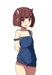  absurdres arms_behind_back bangs bare_shoulders brown_hair collarbone cowboy_shot eyebrows_visible_through_hair highres horns looking_at_viewer naked_overalls original overalls parted_lips purple_eyes simple_background smile solo strap_slip toy_box-r white_background 