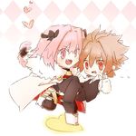  1:1_aspect_ratio 2boys armor astolfo_(fate) brown_hair c96e6386_klsun carrying couple fate/apocrypha fate_(series) long-haired_trap male male_focus multiple_boys pink_eyes pink_hair princess_carry red_eyes sieg_(fate/apocrypha) trap 
