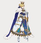  armor armored_dress artoria_pendragon_(all) bangs blonde_hair cape commentary_request crossed_arms eyebrows_visible_through_hair facing_to_the_side fate/stay_night fate_(series) greaves green_eyes grey_background hair_between_eyes hands_on_hilt highres multicolored multicolored_cape multicolored_clothes multicolored_footwear saber simple_background solo sword tenobe weapon white_background 