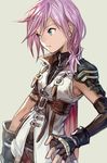  armpits bangs black_gloves blue_eyes closed_mouth collared_vest elbow_gloves final_fantasy final_fantasy_xiii fingerless_gloves gloves hankuri lightning_farron pink_hair single_elbow_glove solo upper_body vest white_vest 