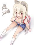  2018 :d anho animal_ears arm_support backpack bag bangs blue_shorts blush bra breasts collarbone dog_ears dog_girl dog_tail downblouse eyebrows_visible_through_hair fate/kaleid_liner_prisma_illya fate_(series) fingernails hair_between_eyes illyasviel_von_einzbern kemonomimi_mode light_brown_hair long_hair looking_at_viewer nail_polish open_mouth purple_bra randoseru red_backpack red_eyes shirt shoes shorts signature sitting sketch sleeveless sleeveless_shirt small_breasts smile solo tail underwear white_background white_footwear white_legwear white_nails white_shirt 