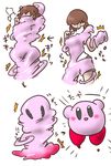  arrow blush brown_hair female goo goo_creature hair hair_over_eye happy human japanese_text kirby kirby_(series) mammal melting nintendo not_furry open_mouth sequence simple_background solo swirl text transformation translation_request video_games waddling_head what white_background 